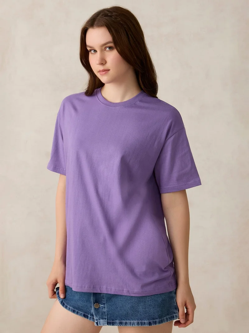 Outzidr purple Purple Crew Neck Solid Oversized T-Shirt for Women | Best Price UAE