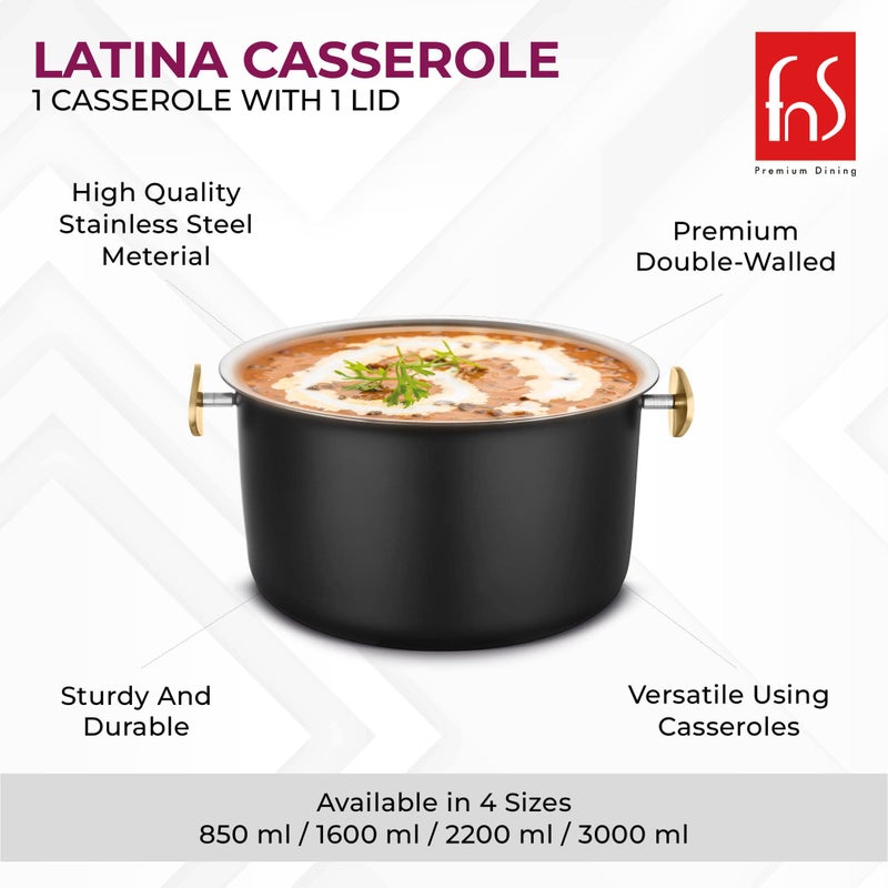 FnS Latina Stainless Steel Double Wall Insulated Designer Black Casserole with Lid | Black Coated | Odour Free | BPA Free | Ideal for Curry Rice Chappati | Easy to Carry | Easy to Store (2200 ml) - Image 3
