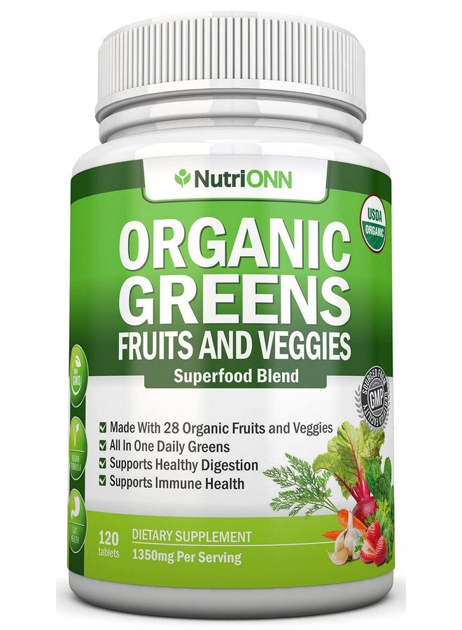 NutriONN Organic Super Greens Capsules Fruit And Vegetable Supplements 120 Count 28 Usda Organic  Vegan Premium Ingredients Superfood Blend For Immune Health Digestion  Energy Whole Food Vitamins - Image 1