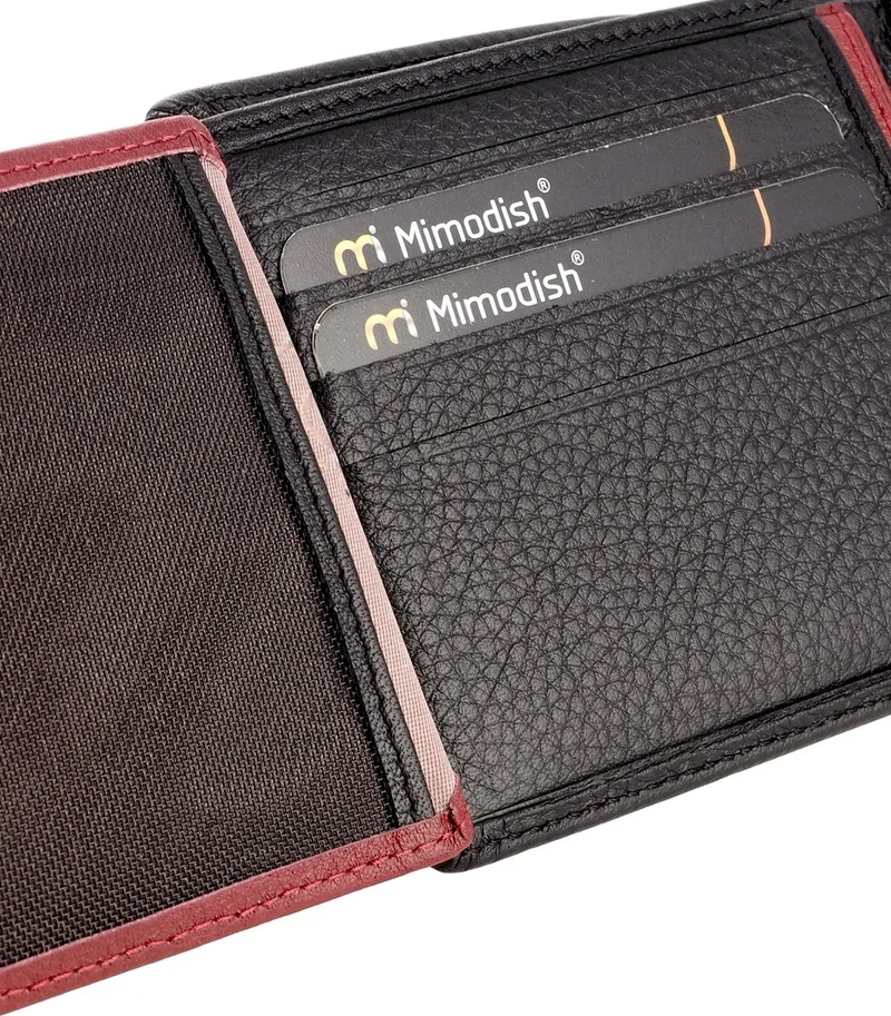 Mimodish 2903 Leather Coin Eyed Zipper Horizontal Black Claret Red Luxury Men's Wallet