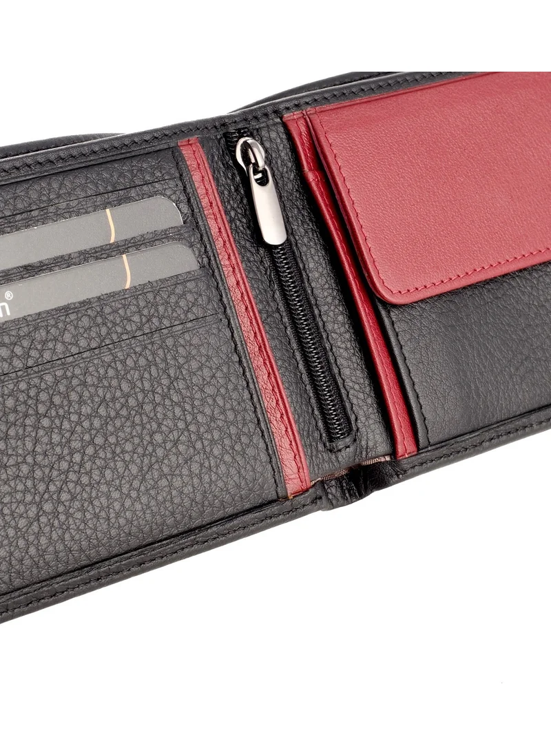 Mimodish 2903 Leather Coin Eyed Zipper Horizontal Black Claret Red Luxury Men's Wallet