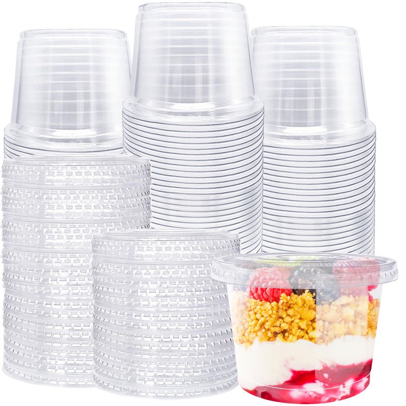 Alaeseje 100 Pack 8oz Plastic Cups with Flat Lids(Hole in the Lid),Disposable Clear Cups,Clear Crystal Dessert Cups for Parfait,Fruit,Snacks,Yogurt,Jelly,Ice Cream,Cold Drinks - Image 1