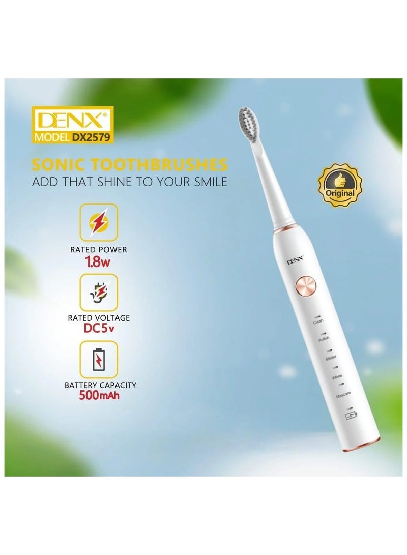 Denx Electric Toothbrush with 3 Brush Heads, Ultrasonic Motor, 5 Modes, Rechargeable, IPX7 Waterproof, Electric Toothbrush for Adults and Teens DX2579 - Image 1