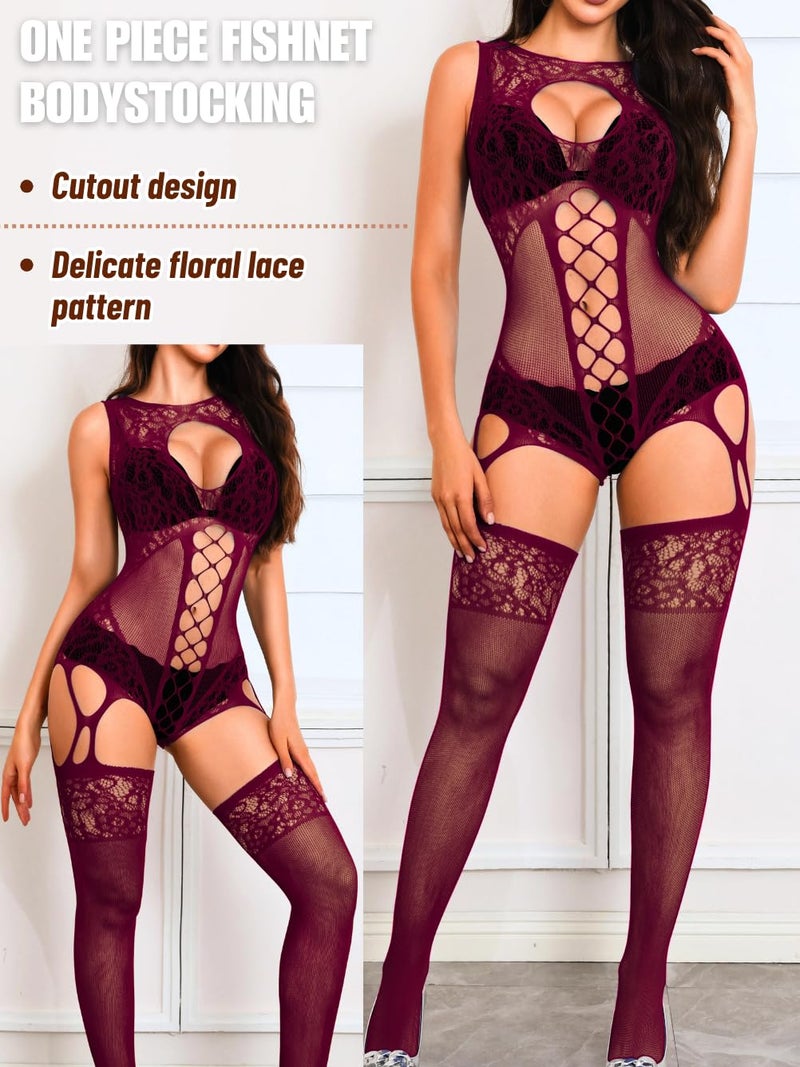 EHSUYAB Women Body Stockings Sexy, Exotic Dancer Fishnets Lingerie Glow Party, Fishnet Bodysuit Rave Outfits Club Plus Size Purple Red - Image 2
