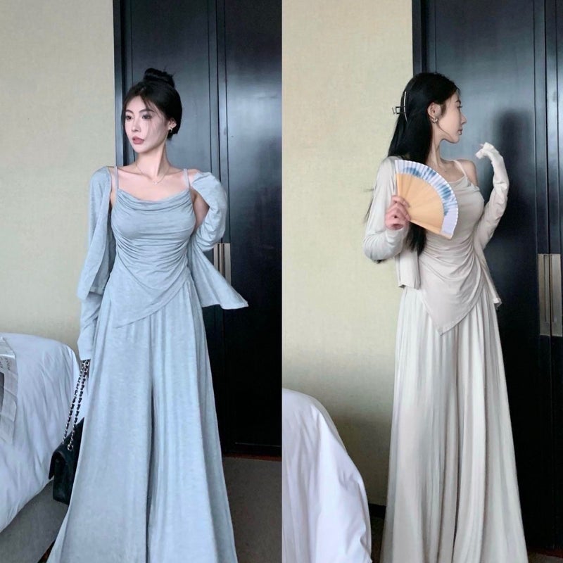 Lazy Elegant suit Spice Girl Sling Sunscreen Cardigan Top Womens Summer New High Waist Casual Culottes Three-piece Set Grey "three piece" * 6051