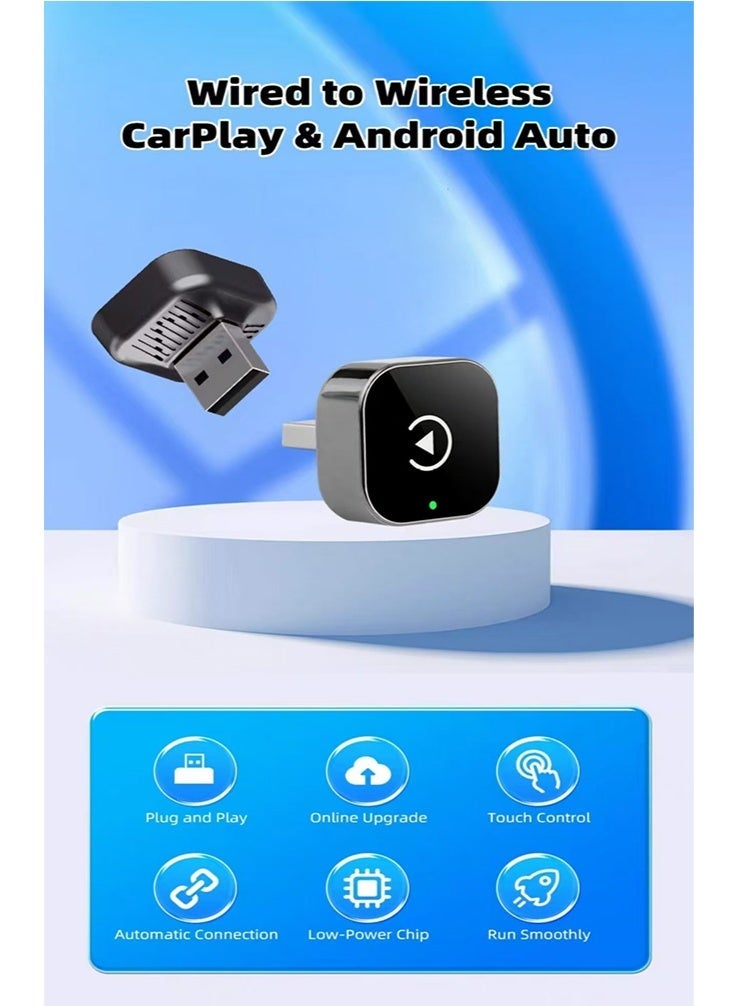 محول لاسلكي 2 في 1 CarPlay وAndroid Auto، دونجل CarPlay سهل التوصيل والتشغيل يحول السلكي إلى لاسلكي، اتصال تلقائي سريع، بدون تأخير، تصميم مضغوط لأجهزة iPhone وAndroid مع منفذ USB/USB-C (أسود) - Image 1