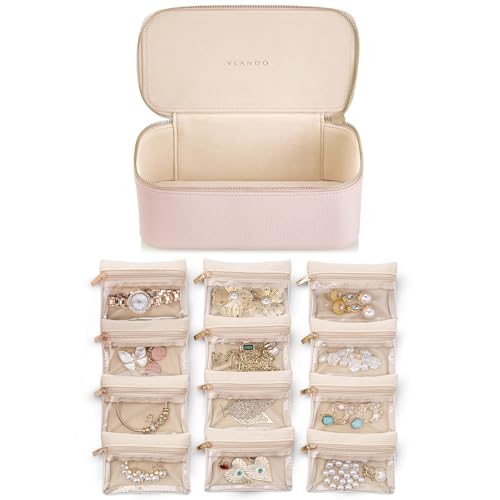 VLANDO Jewelry Box Organzier for TravelGraduation Gifts for DaughterJewelry Case with 12 Pcs Velvet Jewelry Bags for Earrings Necklace RingsValentines DayBirthday Wedding Gift for WomePink - Image 1