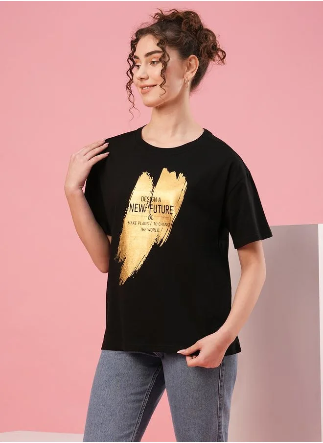 جلو باص Globus Slogan Print Round Neck Cotton T-Shirt