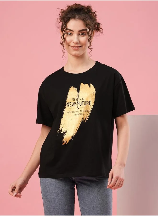 جلو باص Globus Slogan Print Round Neck Cotton T-Shirt