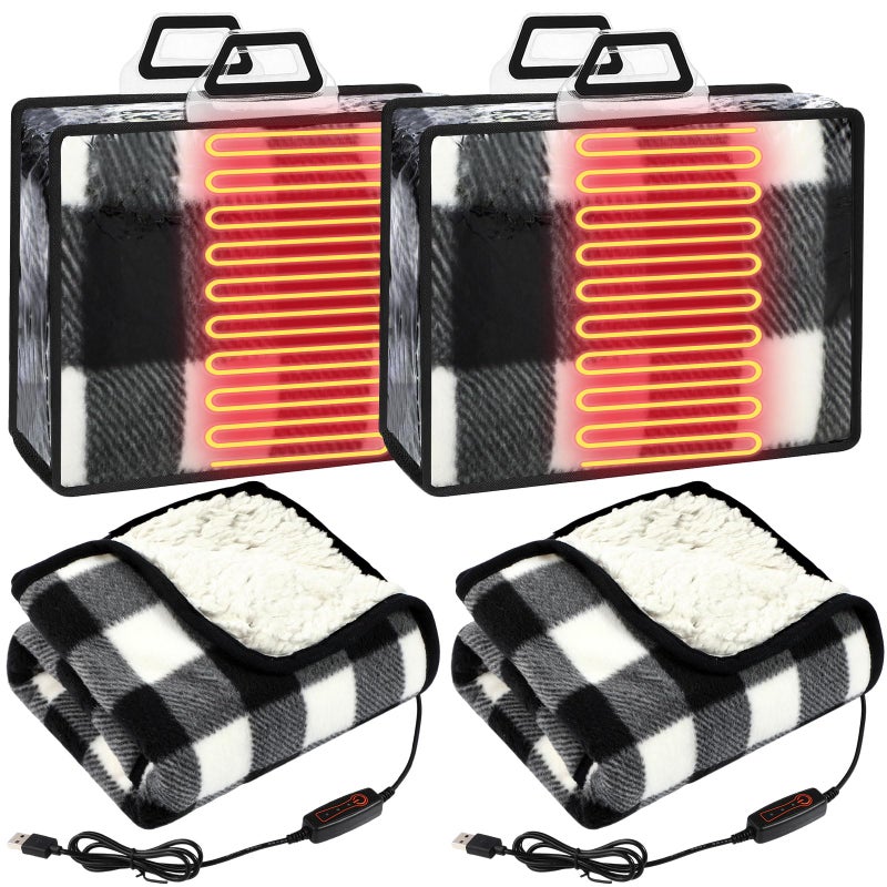 Tuanse 2 Pcs USB Heated Blanket 25"x35" Small Portable 5v 3 Setting Electric Blanket with Timer and Temperature Controller Winter Wearable Recharge Throw for Travel Home(Single Black and White Plaid) - Image 1