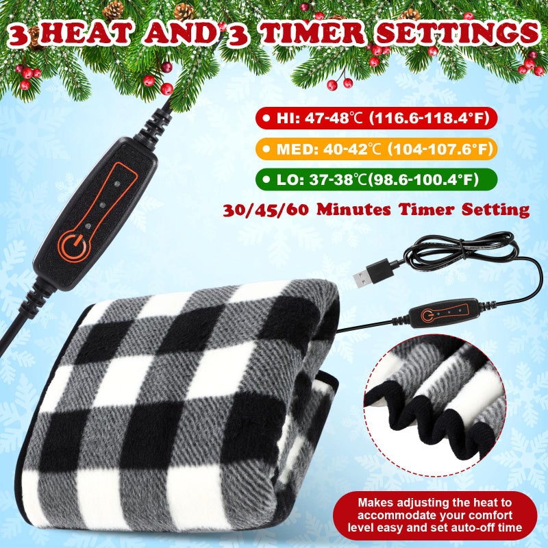 Tuanse 2 Pcs USB Heated Blanket 25"x35" Small Portable 5v 3 Setting Electric Blanket with Timer and Temperature Controller Winter Wearable Recharge Throw for Travel Home(Single Black and White Plaid) - Image 3