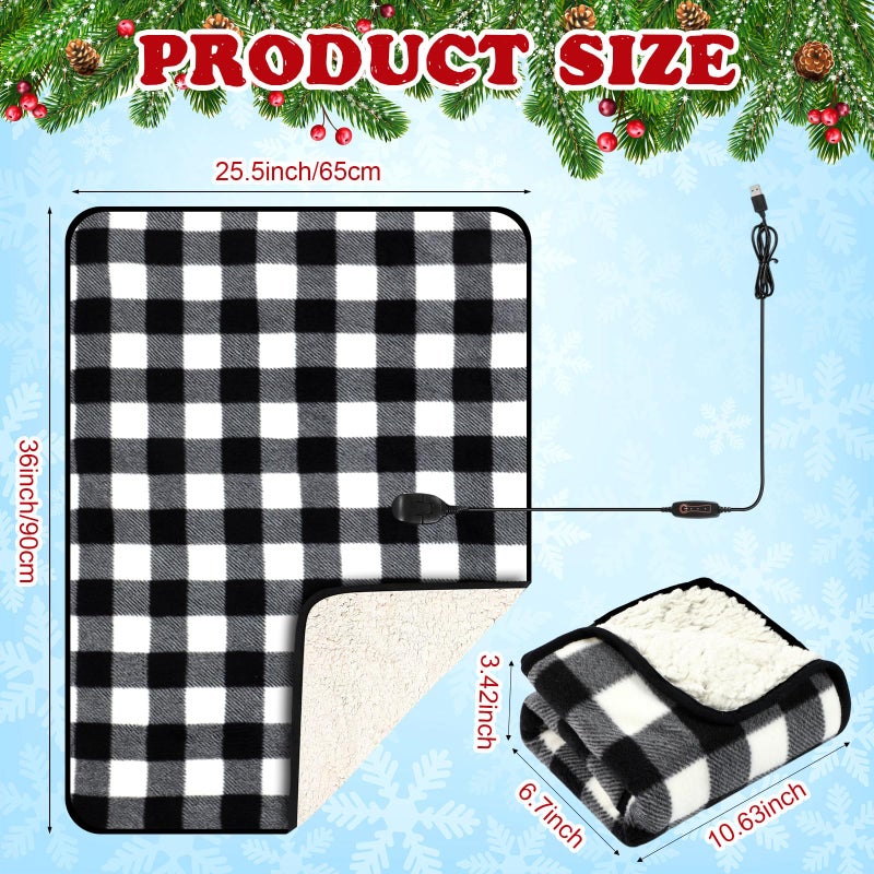 Tuanse 2 Pcs USB Heated Blanket 25"x35" Small Portable 5v 3 Setting Electric Blanket with Timer and Temperature Controller Winter Wearable Recharge Throw for Travel Home(Single Black and White Plaid) - Image 2