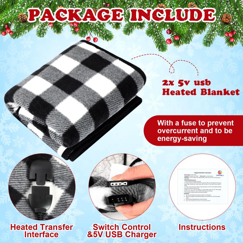 Tuanse 2 Pcs USB Heated Blanket 25"x35" Small Portable 5v 3 Setting Electric Blanket with Timer and Temperature Controller Winter Wearable Recharge Throw for Travel Home(Single Black and White Plaid) - Image 4