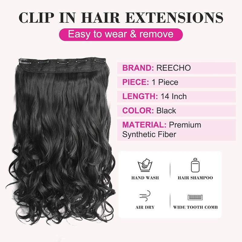 REECHO 14" 1-Pack 3/4 Full Head Curly Wavy Clips in on Synthetic Hair Extensions HE008 Hairpieces for Women 5 Clips 3.6 Oz per Piece - Natural Black - Image 2