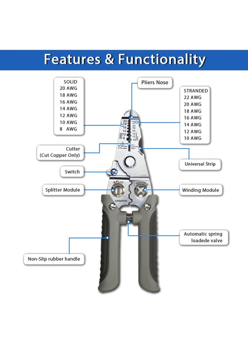 Multifunctional Wire Stripper and Cutter Pliers for 8-22 AWG Wires, Cable Crimper and Splitter, Essential Tool for Electricians and DIY Enthusiasts - Image 2