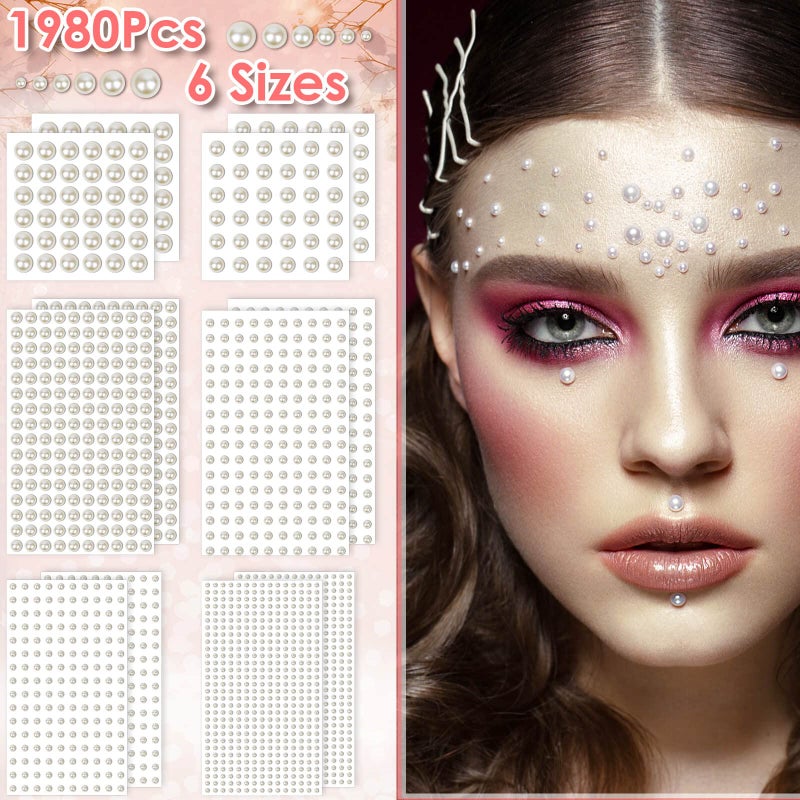 shynek 1980Pcs Self Adhesive Pearl Stickers, Shynek Pearls Sticker Gems for Hair, Face, Makeup, Eye, Nail, Crafts, Assorted Sizes - Image 2