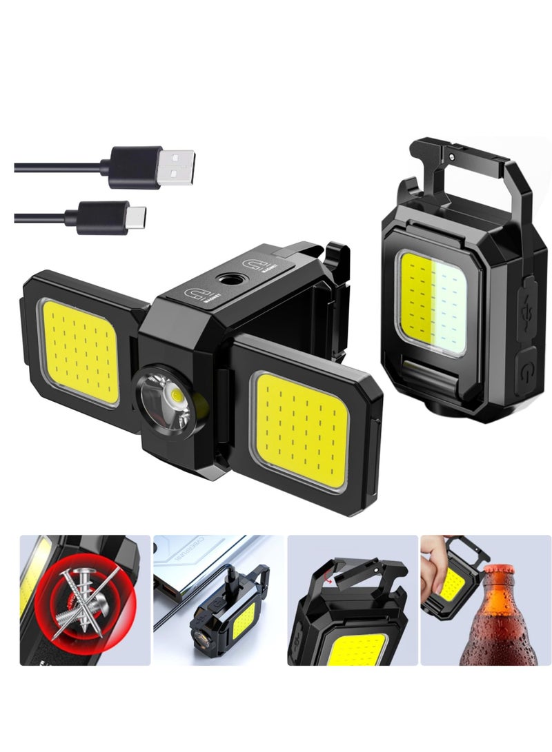 Cob Keychain Work Light, 5 Modes, 90° Foldable Lamp, 2 Pcs Upgrade 1000 Lumens Rechargeable Mini Flashlight with Bottle Opener Magnet for Outdoor Camping Fishing Hiking, Gifts to My Man - Image 1