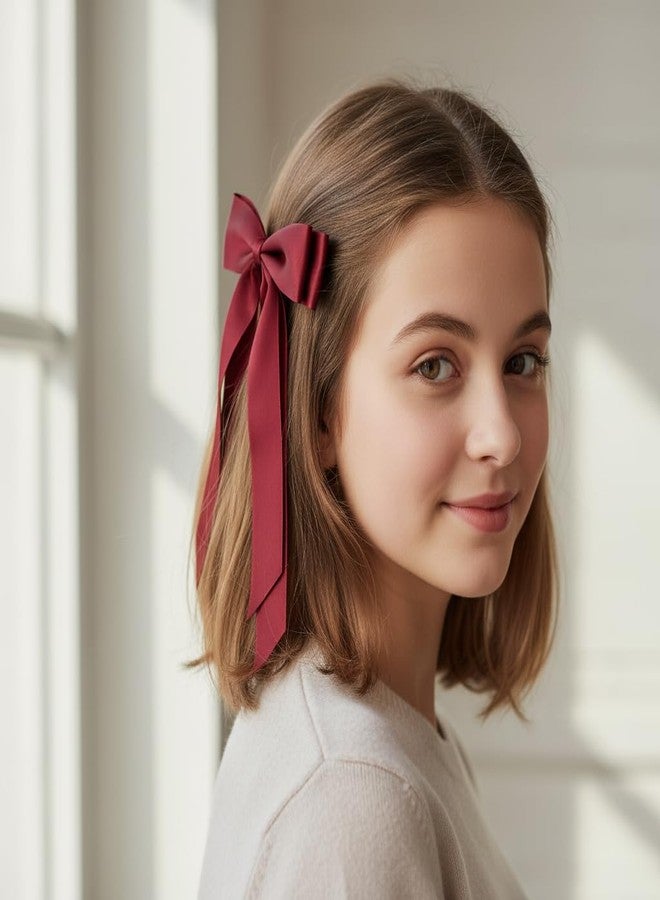 TULOBI Burgundy Hair Bows for Women 3PCS Soft Silky Satin Bow Hair Clips with Metal Clips Long Tail Hair Ribbon Ponytail Holder Wedding Dress Decor Hair Accessories for Girls Teen - Image 3
