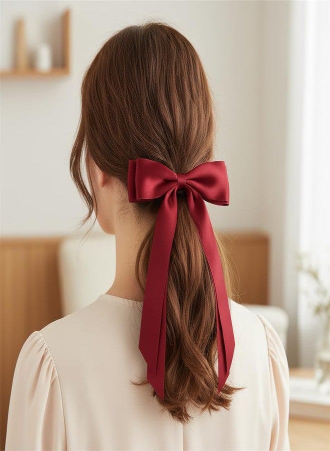 TULOBI Burgundy Hair Bows for Women 3PCS Soft Silky Satin Bow Hair Clips with Metal Clips Long Tail Hair Ribbon Ponytail Holder Wedding Dress Decor Hair Accessories for Girls Teen - Image 2