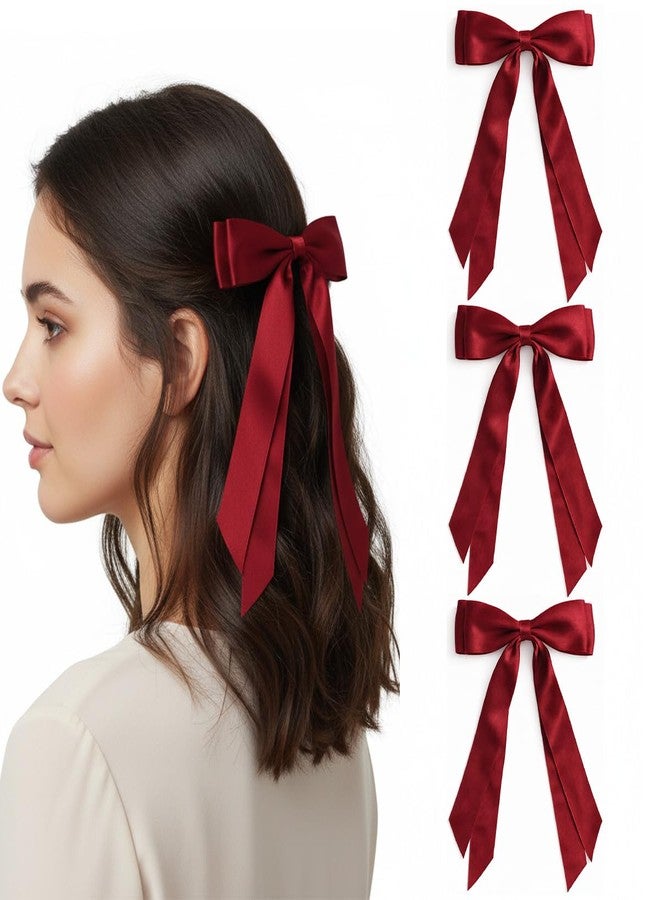 TULOBI Burgundy Hair Bows for Women 3PCS Soft Silky Satin Bow Hair Clips with Metal Clips Long Tail Hair Ribbon Ponytail Holder Wedding Dress Decor Hair Accessories for Girls Teen - Image 1