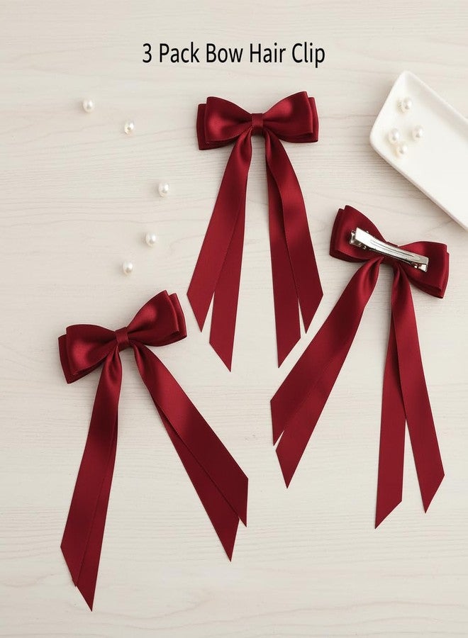 TULOBI Burgundy Hair Bows for Women 3PCS Soft Silky Satin Bow Hair Clips with Metal Clips Long Tail Hair Ribbon Ponytail Holder Wedding Dress Decor Hair Accessories for Girls Teen - Image 4