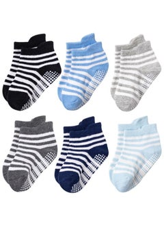 6 Pairs Non Slip Baby Socks, Soft Cotton Ankle Socks with Non Skid Soles, Striped Socks for Infants Toddlers Under 1 year old