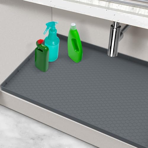 Under Sink Mats for Kitchen Waterproof Silicone Under Kitchen Sink Mats and Protectors for 34 x 22 Cabinets Under Sink Tray Organizer Shelf Liners Cabinet Liner for Kitchen and Bathroom Gray