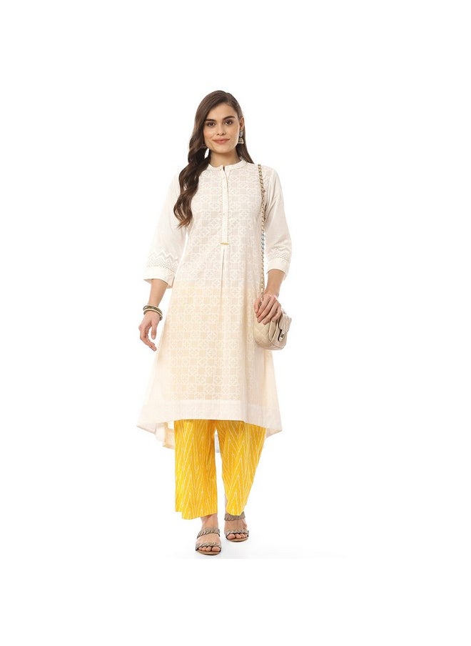 Biba - BIBA Women Cotton Printed Narrow Salwar Kurta Dupatta(Skd8053_White/Yellow_38) - Image 1