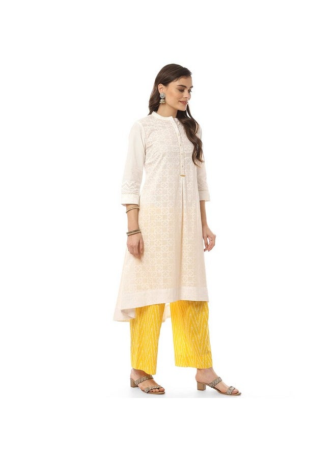 Biba - BIBA Women Cotton Printed Narrow Salwar Kurta Dupatta(Skd8053_White/Yellow_38) - Image 1