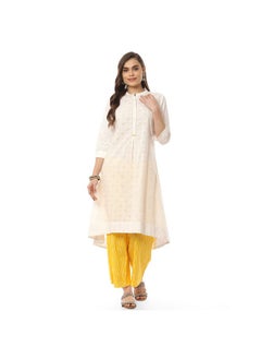 BIBA Women Cotton Printed Narrow Salwar Kurta Dupatta(Skd8053_White/Yellow_38)