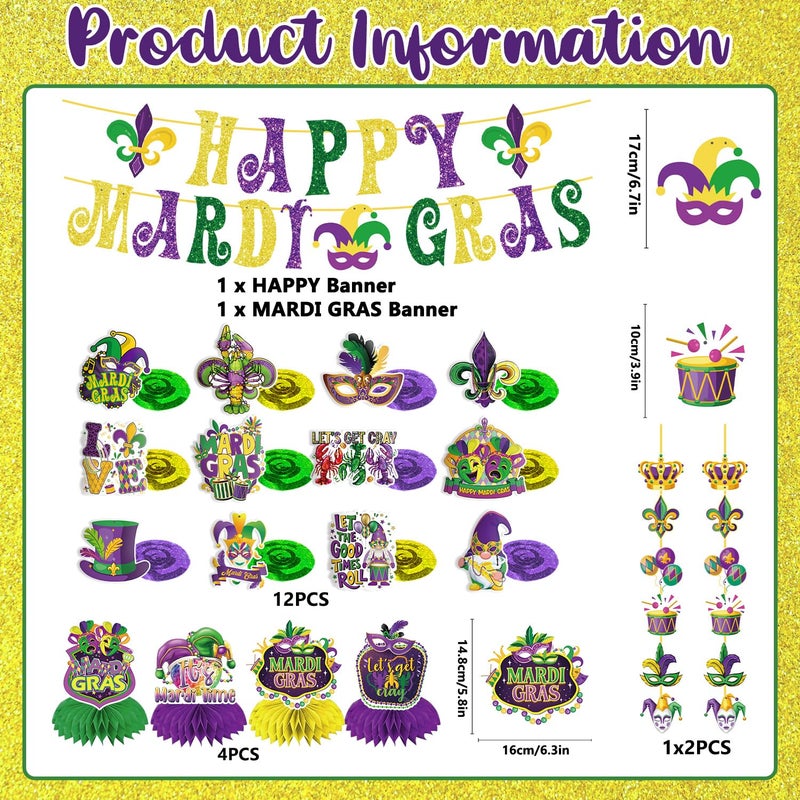GINFTBRZGV 20Pcs Mardi Gras Decorations, Happy Mardi Gras Banner Hanging Swirls and Honeycomb Centerpieces New Orleans Carnival Masquerade Party Decorations for Fat Tuesday Decor - Image 3