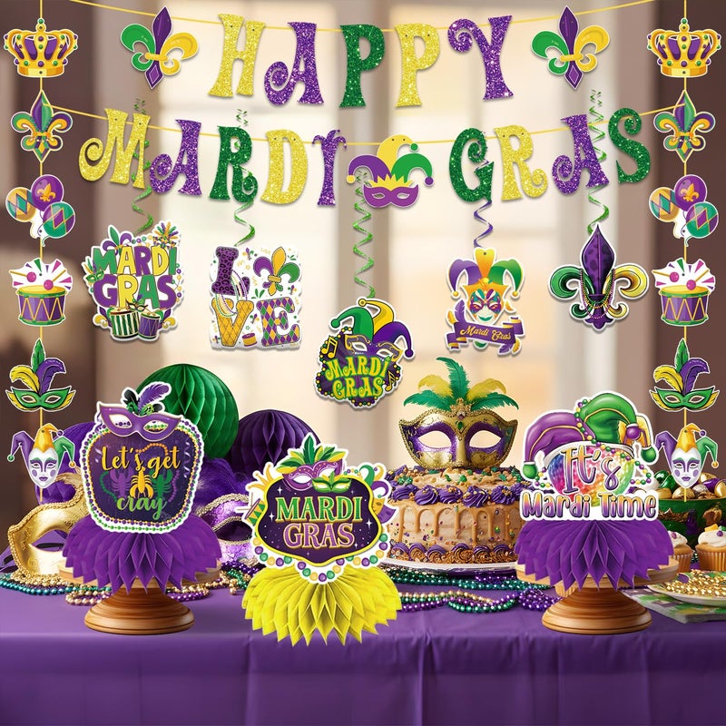 GINFTBRZGV 20Pcs Mardi Gras Decorations, Happy Mardi Gras Banner Hanging Swirls and Honeycomb Centerpieces New Orleans Carnival Masquerade Party Decorations for Fat Tuesday Decor - Image 5