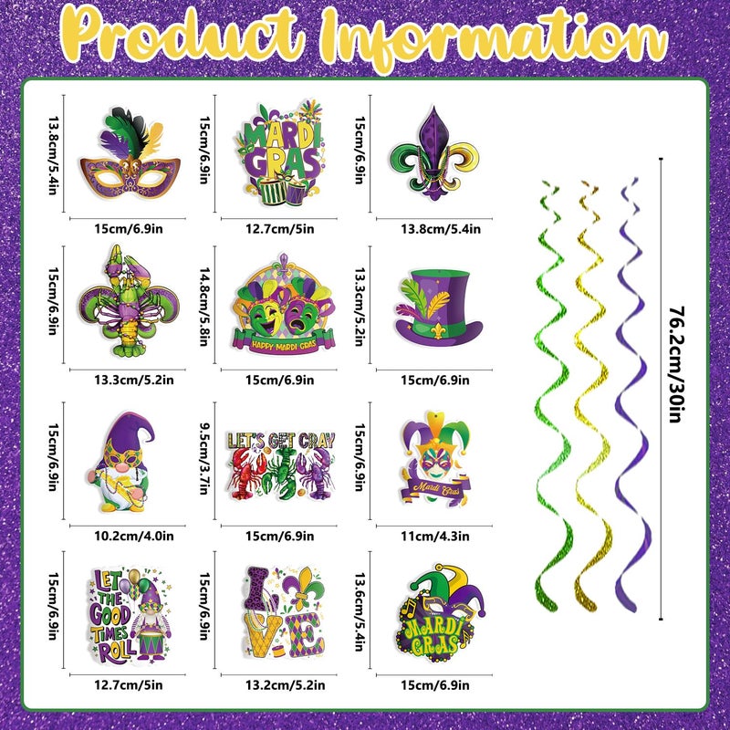 GINFTBRZGV 20Pcs Mardi Gras Decorations, Happy Mardi Gras Banner Hanging Swirls and Honeycomb Centerpieces New Orleans Carnival Masquerade Party Decorations for Fat Tuesday Decor - Image 4