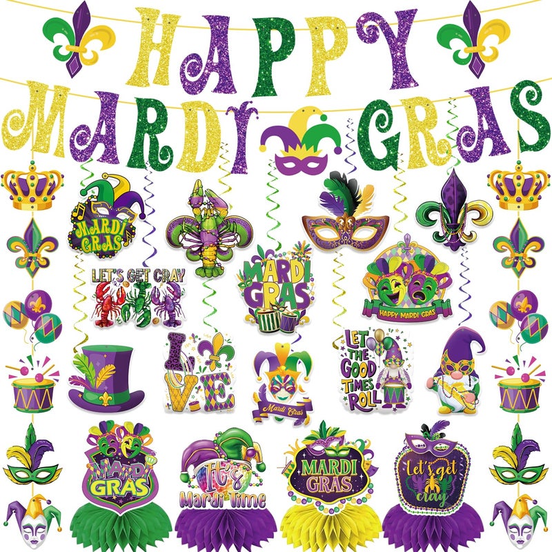 GINFTBRZGV 20Pcs Mardi Gras Decorations, Happy Mardi Gras Banner Hanging Swirls and Honeycomb Centerpieces New Orleans Carnival Masquerade Party Decorations for Fat Tuesday Decor - Image 1