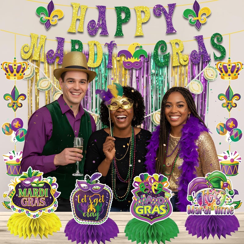 GINFTBRZGV 20Pcs Mardi Gras Decorations, Happy Mardi Gras Banner Hanging Swirls and Honeycomb Centerpieces New Orleans Carnival Masquerade Party Decorations for Fat Tuesday Decor - Image 2