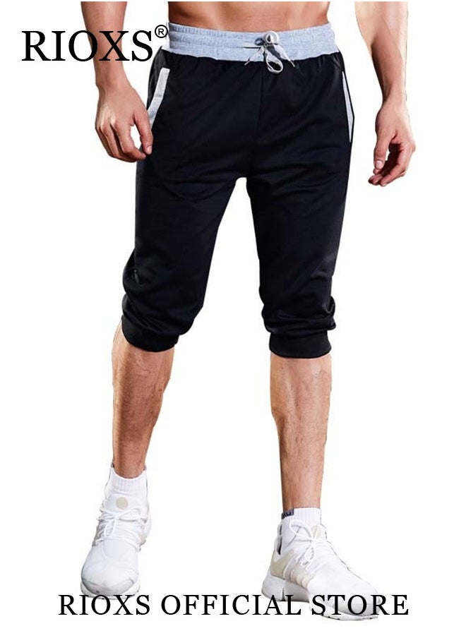 RIOXS Men's Pants,3/4 Joggers Knee Length Capri Pants,Elastic Waist Drawstring Shorts,Stretch Shorts With Pockets,Breathable Lightweight Gym Shorts For Training Running Workout  - Image 2