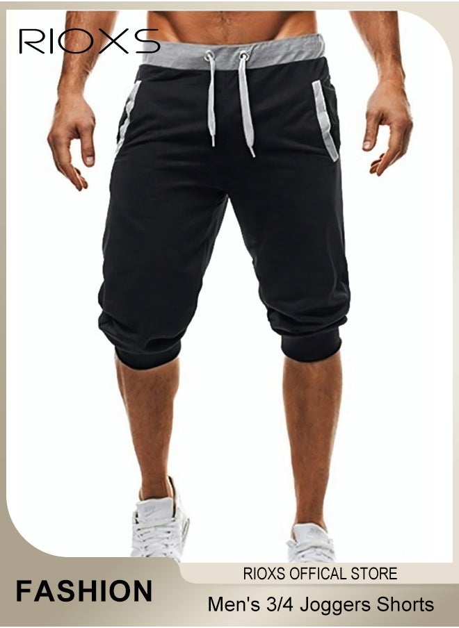 RIOXS Men's Pants,3/4 Joggers Knee Length Capri Pants,Elastic Waist Drawstring Shorts,Stretch Shorts With Pockets,Breathable Lightweight Gym Shorts For Training Running Workout  - Image 3