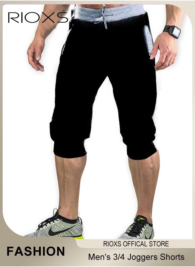 RIOXS Men's Pants,3/4 Joggers Knee Length Capri Pants,Elastic Waist Drawstring Shorts,Stretch Shorts With Pockets,Breathable Lightweight Gym Shorts For Training Running Workout  - Image 1