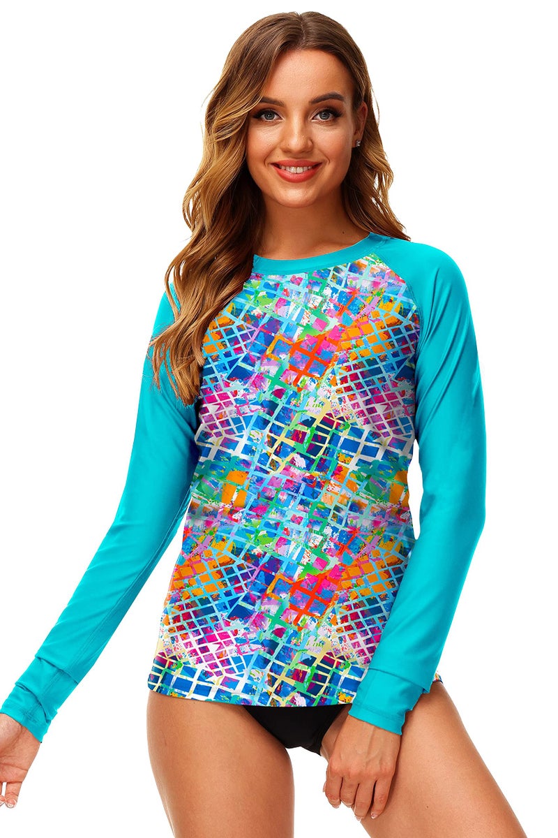 Deerose UV Rashguard UPF 50+ Women Long Sleeve Printed Swimsuit Printed Summer Beach Swim Shirts Aqua Multicolored M - Image 4