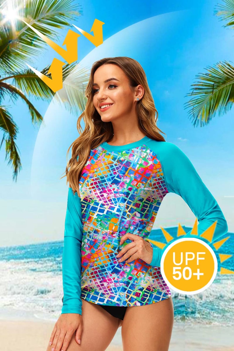 Deerose UV Rashguard UPF 50+ Women Long Sleeve Printed Swimsuit Printed Summer Beach Swim Shirts Aqua Multicolored M - Image 2