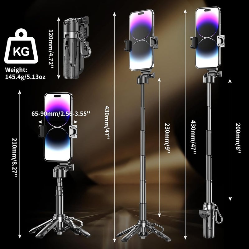 FKU 2025 Stainless Steel P15 MINI Pocket Monopod Retractable Selfie Stick Tripod with Wireless Shutter with Keychain Pocket Size,3 in 1 Mini Phone Grip 2 Cold Shoe,10M/393.7'' Wireless Shutter (P15) - Image 2