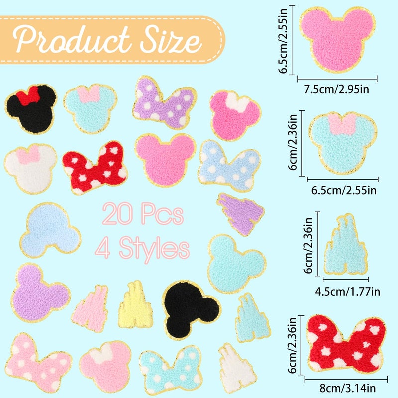 CCOZN 20 PCS Chenille Iron on Patches, CCOZN Colorful Chenille Castle Bowknot Bear Embroidered Patches Sew On Embroidered Applique DIY Accessory for Clothing Hats Jackets Backpack Pants - Image 2