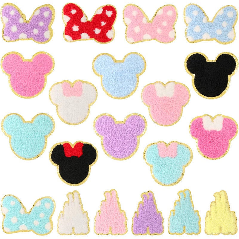 CCOZN 20 PCS Chenille Iron on Patches, CCOZN Colorful Chenille Castle Bowknot Bear Embroidered Patches Sew On Embroidered Applique DIY Accessory for Clothing Hats Jackets Backpack Pants - Image 1
