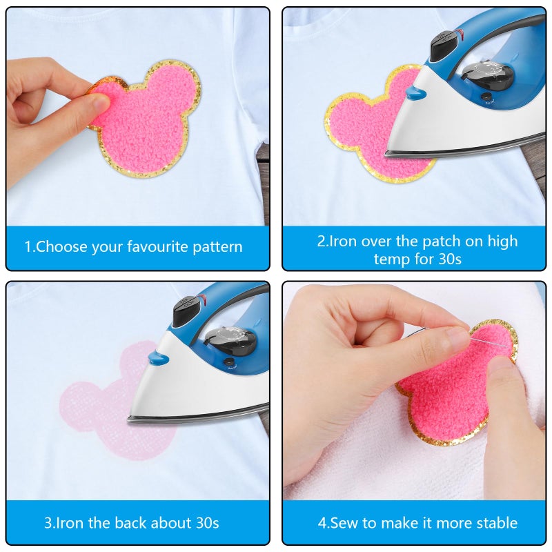 CCOZN 20 PCS Chenille Iron on Patches, CCOZN Colorful Chenille Castle Bowknot Bear Embroidered Patches Sew On Embroidered Applique DIY Accessory for Clothing Hats Jackets Backpack Pants - Image 3