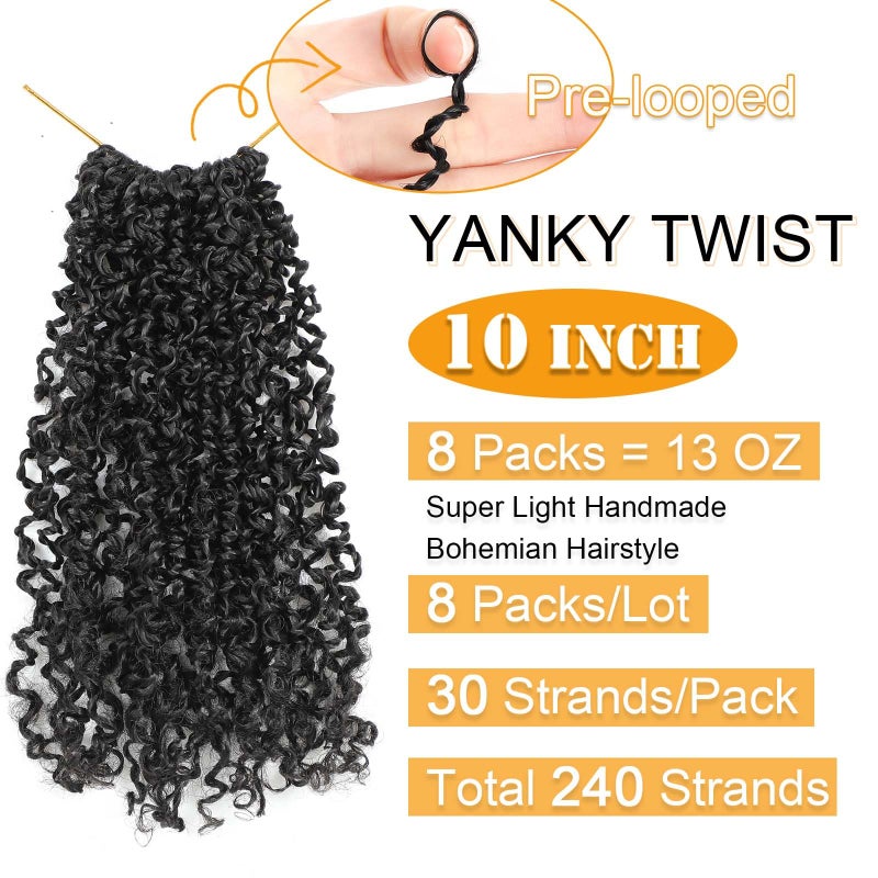 Aksice Pre-looped Yanky Twist Crochet Hair 10 Inch 8 Packs Bohemian Passion Twist Spring Mini Twist Crochet Hair for Black Women Boho Crochet Braids Synthetic (1B#) - Image 2