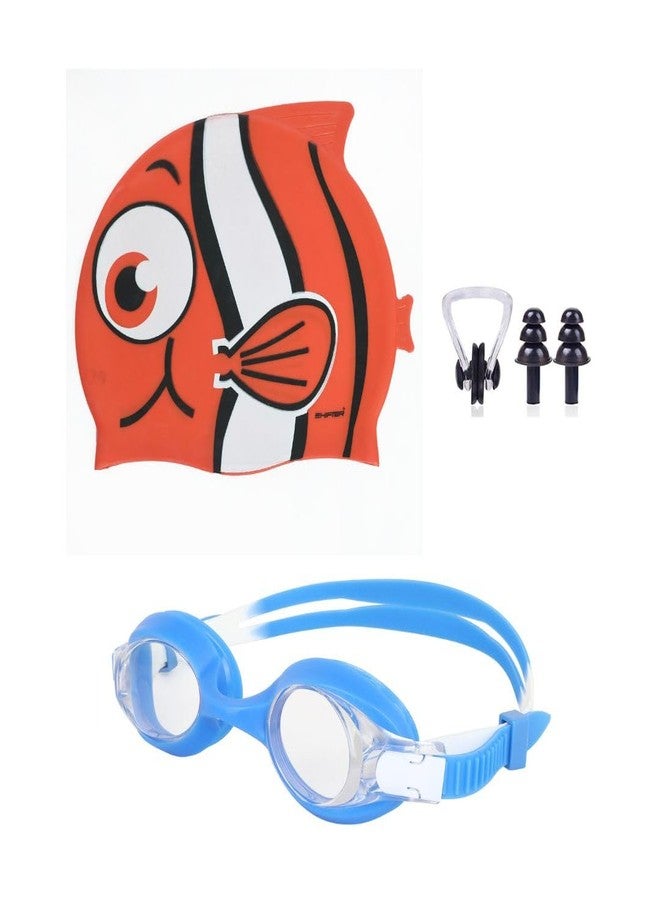 SHIFTER Kids Swimming Combo Set KIT Fish Shape Cap with Premium Anti Fog Swimming Goggle, EARPLUGS Set & NOSEPLUG for Boys and Girls Junior Size (Orange) - Image 1