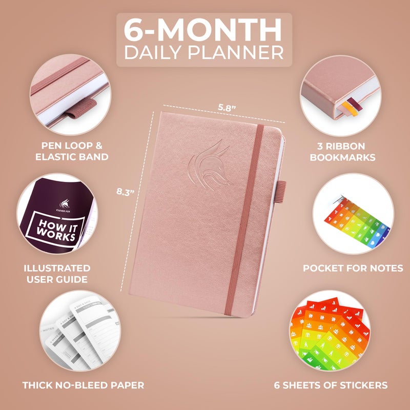Clever Fox Daily Planner â€“ Undated Planning Notebook with Hourly Schedule & To-Do List â€“ Personal Day Task & Work Organizer, 6 Months (Rose Gold) - Image 2