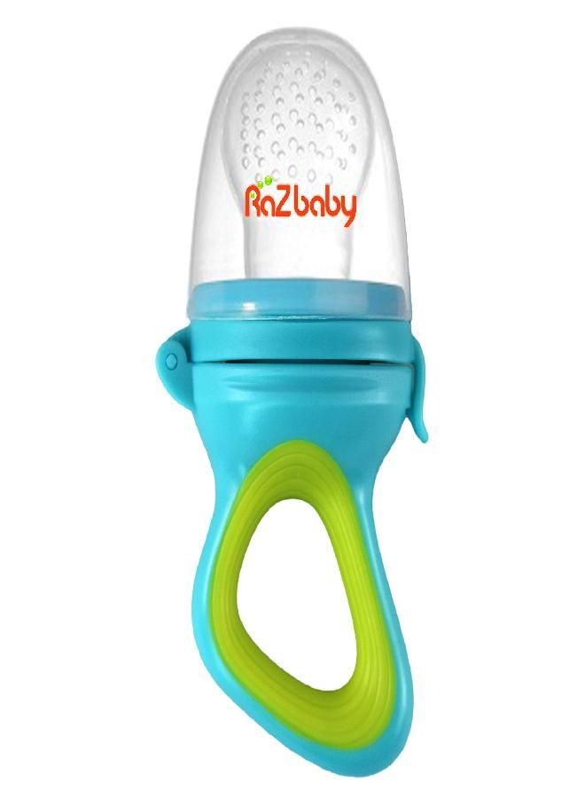RaZbaby Baby Solids/Frozen Fruit Feeder Pacifier, Infant Teether Toy 6M+, BPA-Free Silicone Pouch & Nipple, Safely Introduce Solids, Natural Teething Relief, Dishwasher Safe, Freezable - Blue/Green - Image 5