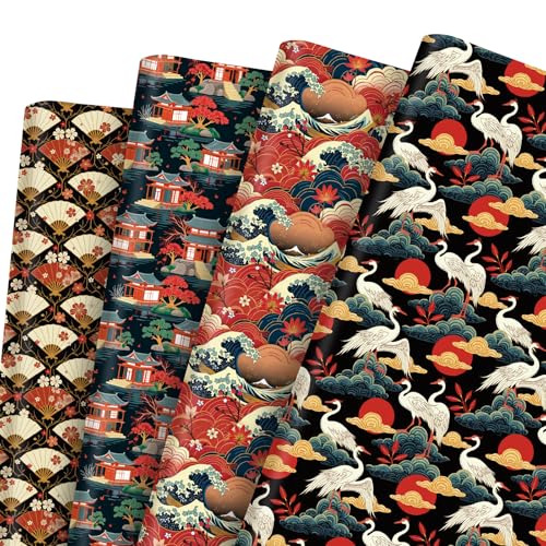 Pineraap 12 Sheets Japanese Wrapping Paper Traditional Japanese Themed Gift Wrap with Sakura, Cranes, Fans, Waves, and Temples Design Gift Packing Paper Anime Gift Wrap for Japan Lovers, 20"×28" - Image 1