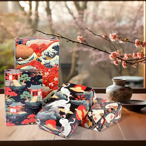 Pineraap 12 Sheets Japanese Wrapping Paper Traditional Japanese Themed Gift Wrap with Sakura, Cranes, Fans, Waves, and Temples Design Gift Packing Paper Anime Gift Wrap for Japan Lovers, 20"×28" - Image 4